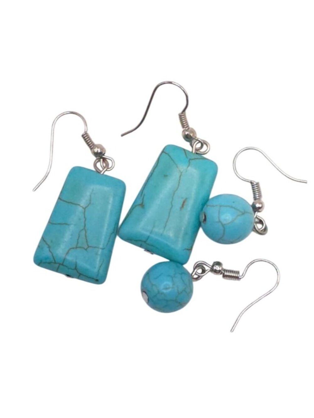 Turquoise Stone Dangle Earrings Set With Rectangular & Round Stone Design - Picture 4 of 4
